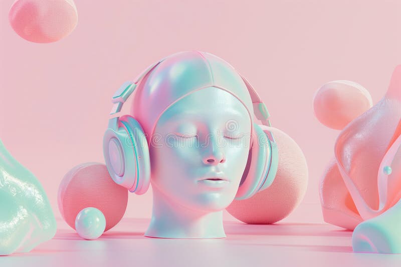 Abstrakcyjny model słucha muzyki lub podkastu na słuchawkach. kreatywność pop nowoczesny styl sztuki reprezentujący cyfrową modę royalty ilustracja