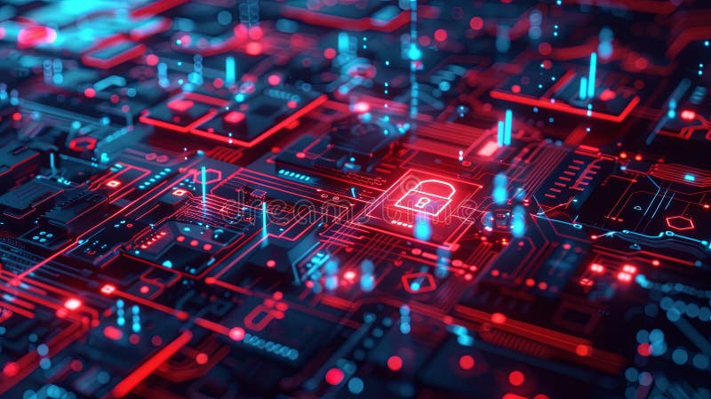 Abstrakcyjny opis futurystycznej sieci cyberbezpieczeństwa z cyfrowymi blokadami i osłonami chronionymi przez ai fotografia stock
