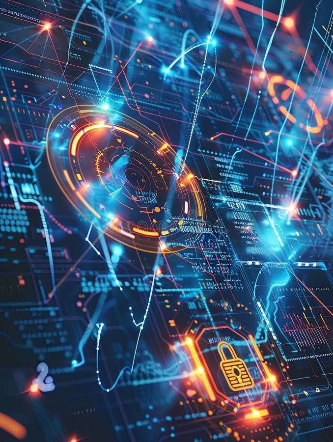 Abstrakcyjny opis futurystycznej sieci cyberbezpieczeństwa z cyfrowymi osłonami blokad i węzłami sieciowymi chronionymi przez ai obraz stock