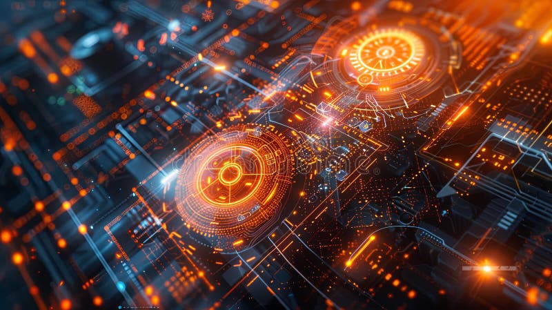 Abstrakcyjny opis przyszłej sieci cyberbezpieczeństwa przedstawiający ekrany blokad cyfrowych i węzły sieciowe. obrazy stock