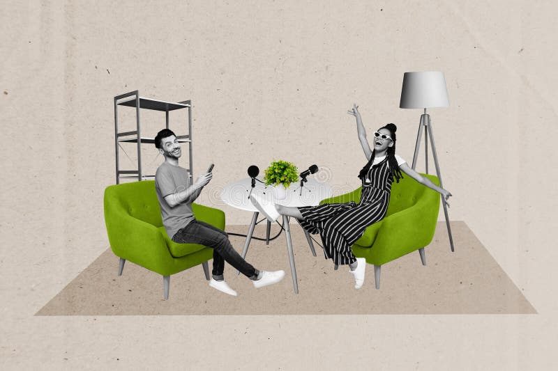 Abstrakcyjny szablon twórczej grafiki kolaż wnętrza studio apartamentowego podkastu nagrywającego mikrofony wywiad fantasy zdjęcie stock