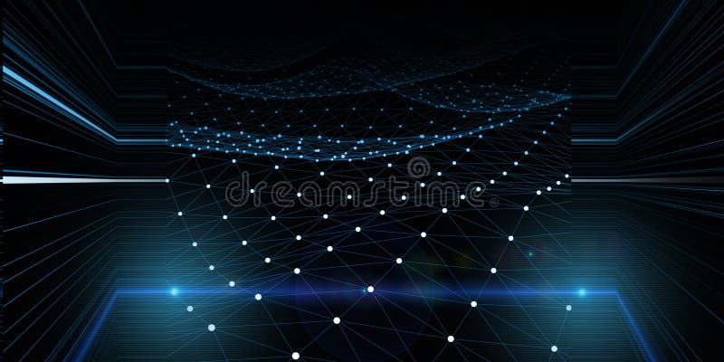 Abstract background wavy blue wireframe and blurred lines on dark. Technology wireframe concept data in virtual space. Banner for business, science and technology data analytics. Big Data. Abstract background wavy blue wireframe and blurred lines on dark. Technology wireframe concept data in virtual space. Banner for business, science and technology data analytics. Big Data