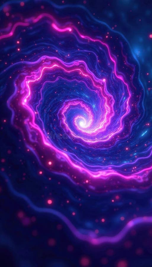 Abstrakcyjny wirujący neonowy wir, żywe odcienie fioletu i niebieskiego, magia, energia royalty ilustracja
