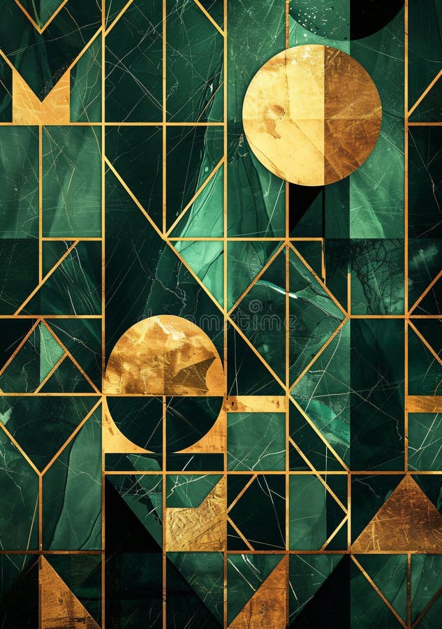 Abstract art geometric pattern with emerald green and gold, featuring an array of triangles, squares, and circles, and lines, in high resolution. The design includes golden accents on the black background to create depth and dimensionality. High-quality digital illustration for wall artwork or interior decor. The pattern is in the style of abstract art with emerald green and gold shapes against a black background. Abstract art geometric pattern with emerald green and gold, featuring an array of triangles, squares, and circles, and lines, in high resolution. The design includes golden accents on the black background to create depth and dimensionality. High-quality digital illustration for wall artwork or interior decor. The pattern is in the style of abstract art with emerald green and gold shapes against a black background.