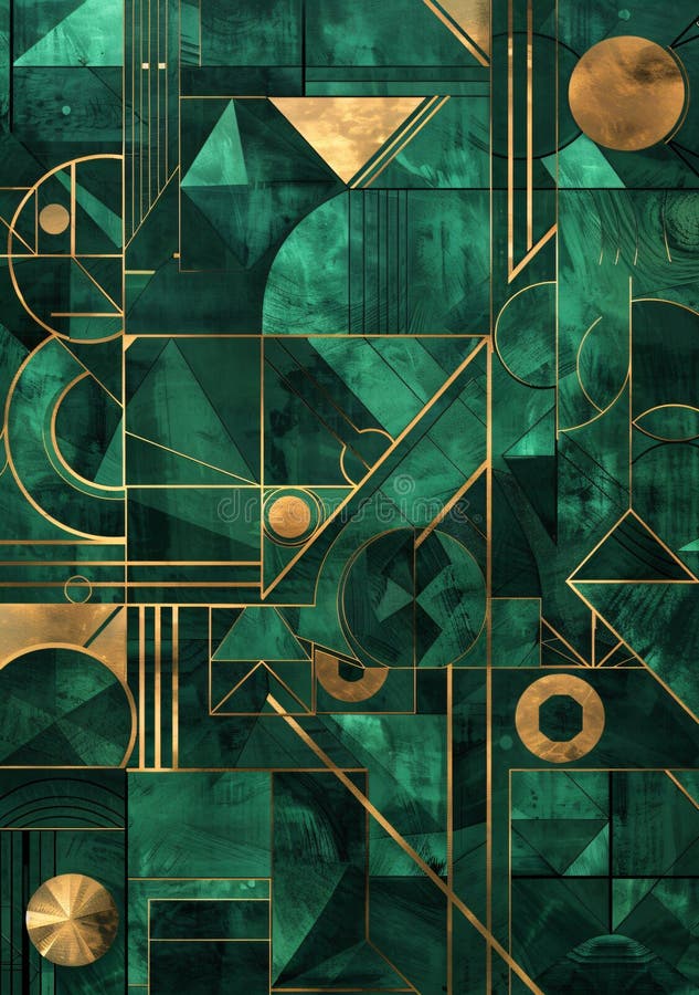 Abstract art geometric pattern with emerald green and gold, featuring an array of triangles, squares, and circles, and lines, in high resolution. The design includes golden accents on the black background to create depth and dimensionality. High-quality digital illustration for wall artwork or interior decor. The pattern is in the style of abstract art with emerald green and gold shapes against a black background. Abstract art geometric pattern with emerald green and gold, featuring an array of triangles, squares, and circles, and lines, in high resolution. The design includes golden accents on the black background to create depth and dimensionality. High-quality digital illustration for wall artwork or interior decor. The pattern is in the style of abstract art with emerald green and gold shapes against a black background.