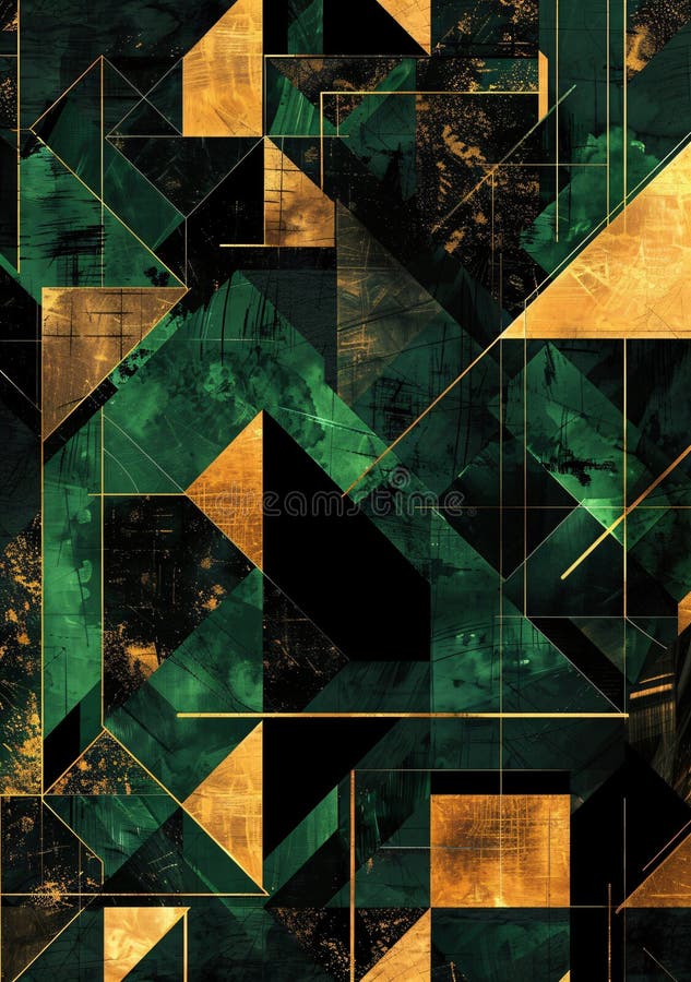 Abstract art geometric pattern with emerald green and gold, featuring an array of triangles, squares, and circles, and lines, in high resolution. The design includes golden accents on the black background to create depth and dimensionality. High-quality digital illustration for wall artwork or interior decor. The pattern is in the style of abstract art with emerald green and gold shapes against a black background. Abstract art geometric pattern with emerald green and gold, featuring an array of triangles, squares, and circles, and lines, in high resolution. The design includes golden accents on the black background to create depth and dimensionality. High-quality digital illustration for wall artwork or interior decor. The pattern is in the style of abstract art with emerald green and gold shapes against a black background.