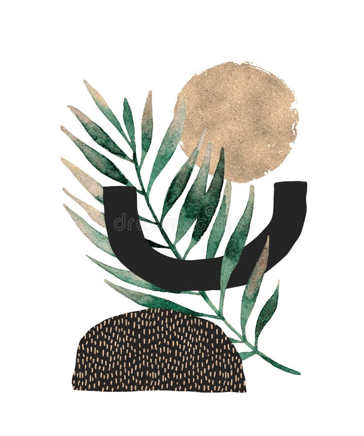 Abstrakt affischdesign: minsta former, glansigt guld- tropiskt blad vektor illustrationer