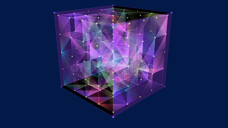 Abstrakt bakgrund 3D digital kub quantum-datorsystem. Dinamblock i rutor för blockkedjor med flera kärnor, 3D-algoritm. Konstgjord royaltyfri illustrationer
