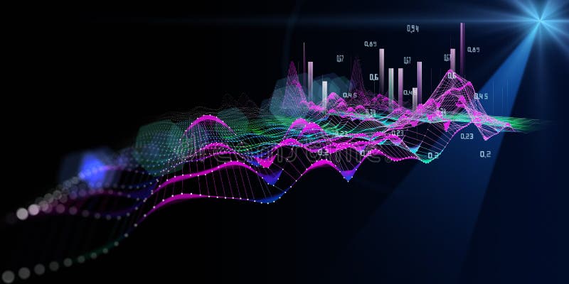 Abstrakt bakgrund med färgrutnät för trådramsteknik och data i mörk 3d-presentation av analysforskning. databehandling stock illustrationer
