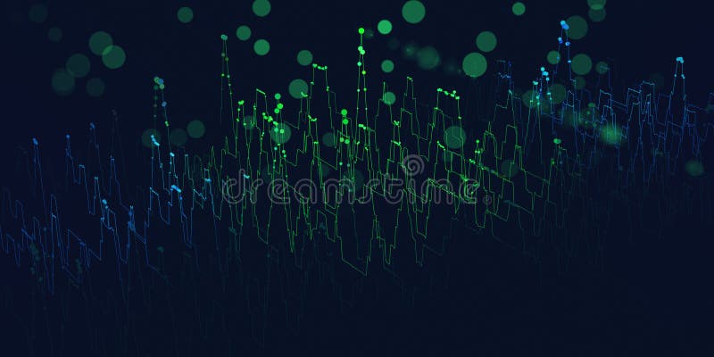 Abstrakt bakgrundsfärgdiagram från linjer och punkter i högljudda rutnätsdata och partiklar. virtuella data för teknikbegrepp. ban stock illustrationer