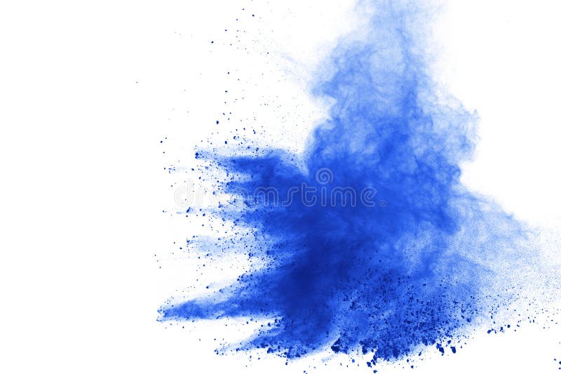 Abstrakt begrepp av blått pudrar explosion på vit bakgrund Blått pulver splatted isolat Kulört moln Kulört damm exploderar Målarf