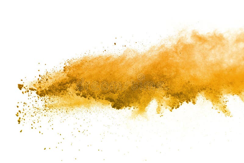 Abstrakt begrepp av den gula pulverexplosionen på vit bakgrund Gult pulver splatted isolat Kulört moln Kulört damm exploderar smä