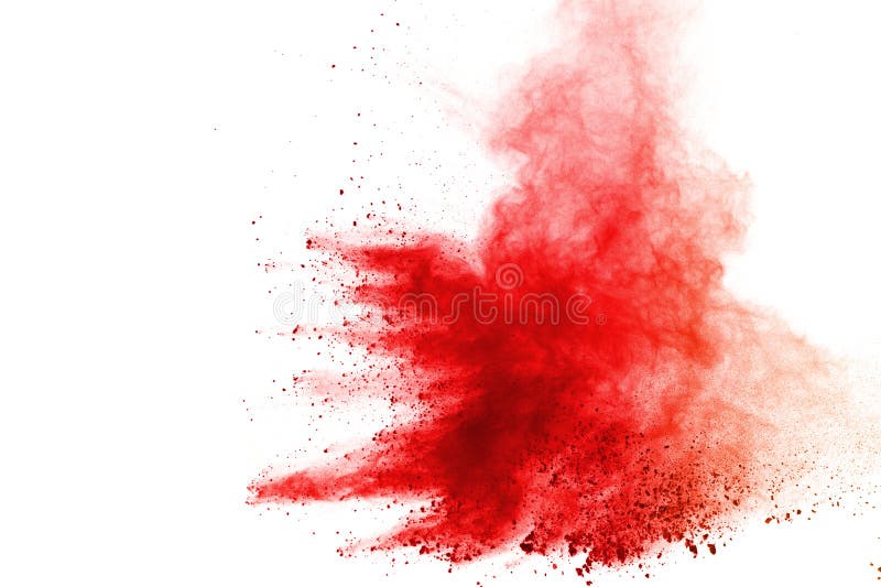 Abstrakt begrepp av den röda pulverexplosionen på vit bakgrund Rött pulver splatted isolat Kulört moln Kulört damm exploderar Mål