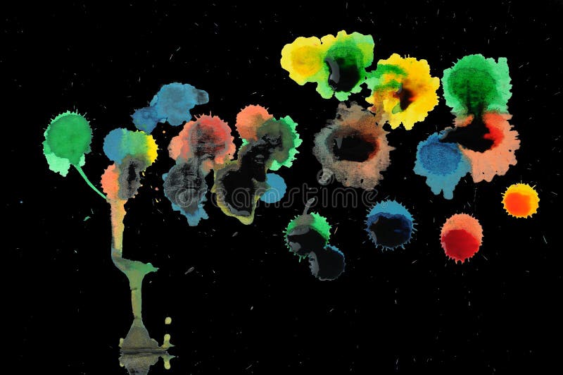 Abstract closeup photograph of colorful ink and paint splotches, splatters, dabs, dribbles, and splatters isolated on a black background. Abstract closeup photograph of colorful ink and paint splotches, splatters, dabs, dribbles, and splatters isolated on a black background.