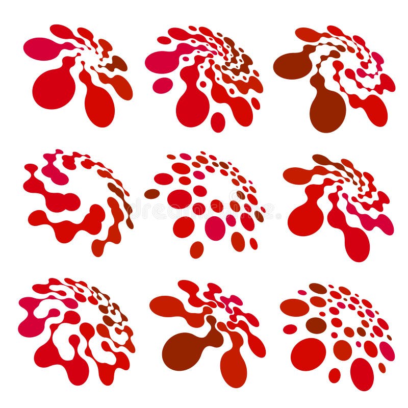 Abstrakt cirkellogotypuppsättning Röd prickig runda isolerad chemlogosamling Virussymbol ovanlig sol Blommasymbol vektor illustrationer