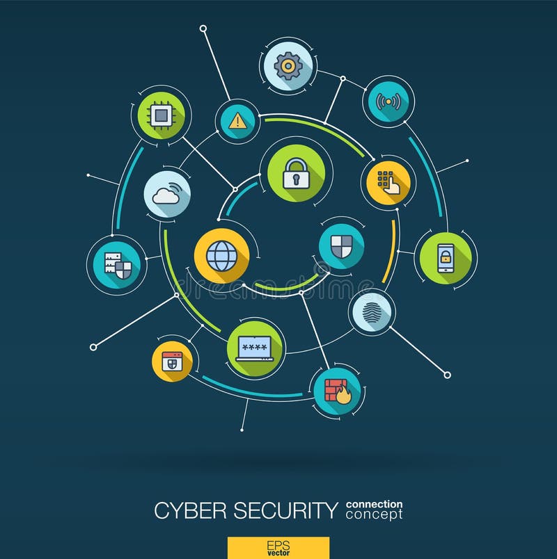 Abstrakt cybersäkerhetsbakgrund Digital förbinder systemet med inbyggda cirklar, den tunna linjen symboler för lägenheten vektor stock illustrationer Abstrakt cybersäkerhetsbakgrund Digital förbinder systemet med inbyggda cirklar, den tunna linjen symboler för lägenheten vektor stock illustrationer