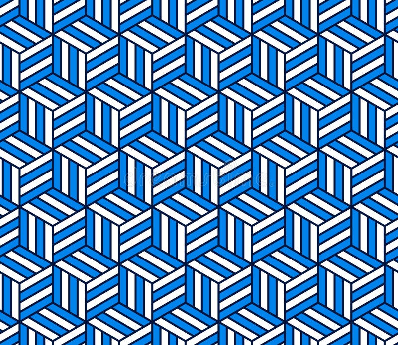 Abstrakt 3d gjorde randig den geometriska sömlösa modellen för kuber i blått och vit, vektor stock illustrationer Abstrakt 3d gjorde randig den geometriska sömlösa modellen för kuber i blått och vit, vektor stock illustrationer