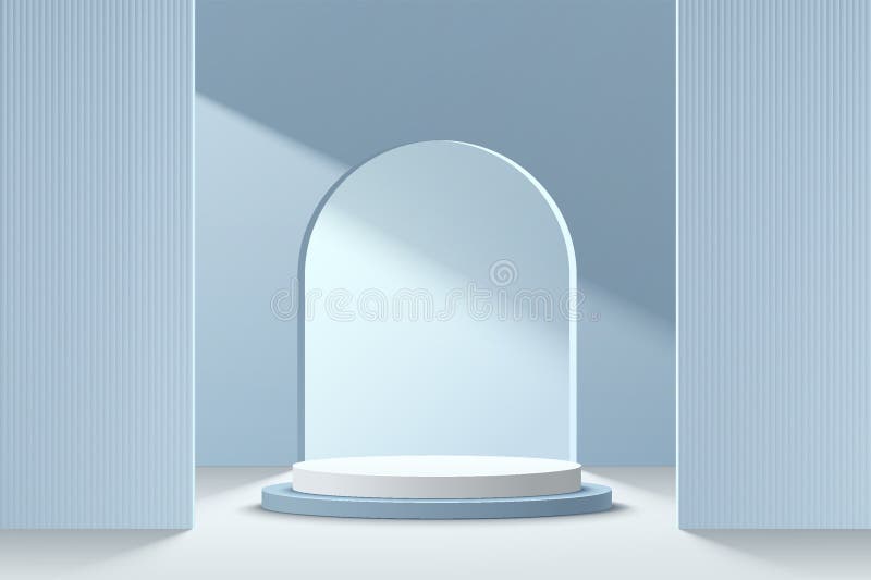 Abstrakt 3d ljusblå och vit cylinder pedestal podium med bågfönster på väggen. pastellblå minimal scen med geometrisk stock illustrationer