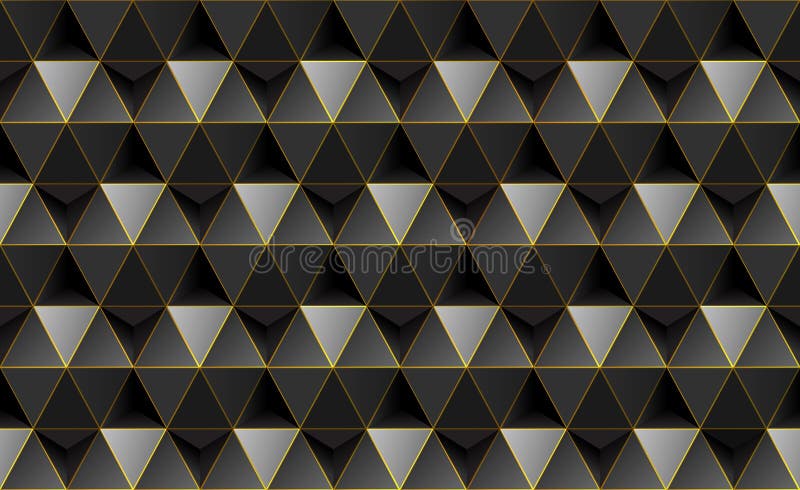 Abstrakt 3D-tresidig, sömlös mönstersvart och grå med gyllene metallisk futuristisk och geometrisk design som skapar vektor illustrationer