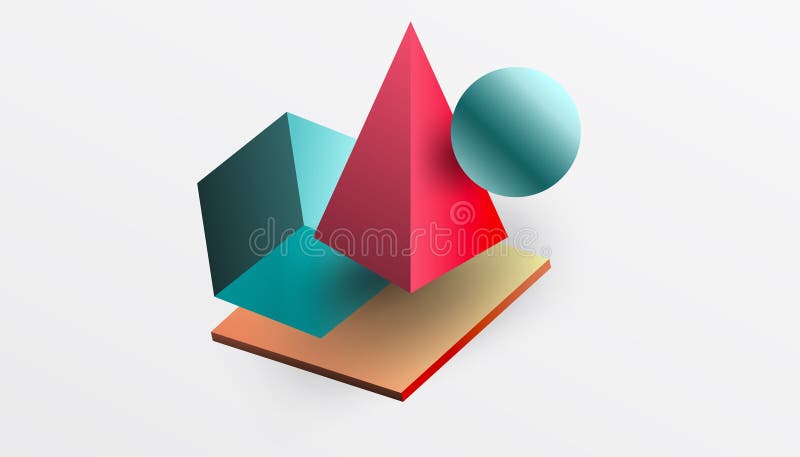 Abstrakt designvisning med isometriska kuber pyramider fyrkanter och sfärer i en pulserande 3d-layout. modern och dynamisk royaltyfri illustrationer