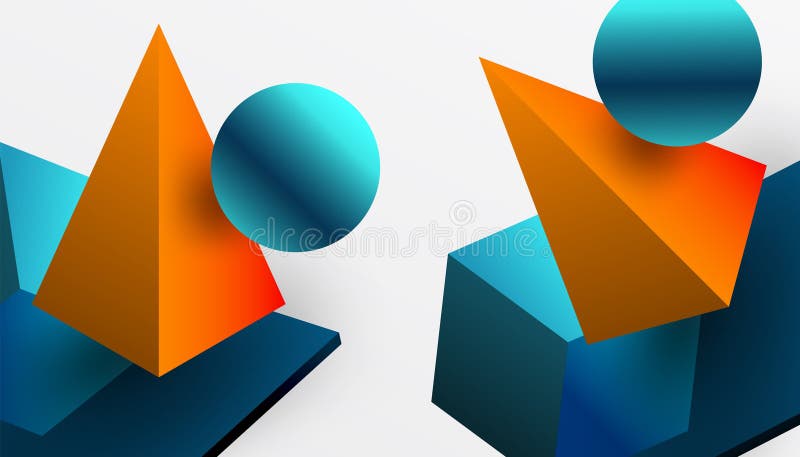 Abstrakt designvisning med isometriska kuber pyramider fyrkanter och sfärer i en pulserande 3d-layout. modern och dynamisk vektor illustrationer