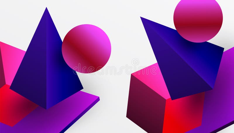 Abstrakt designvisning med isometriska kuber pyramider fyrkanter och sfärer i en pulserande 3d-layout. modern och dynamisk vektor illustrationer