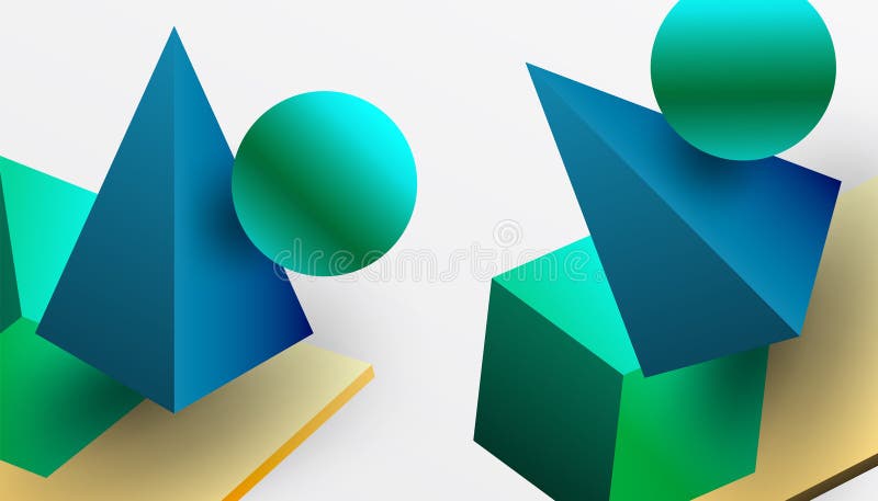 Abstrakt designvisning med isometriska kuber pyramider fyrkanter och sfärer i en pulserande 3d-layout. modern och dynamisk stock illustrationer