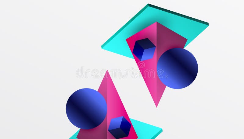 Abstrakt designvisning med isometriska kuber pyramider fyrkanter och sfärer i en pulserande 3d-layout. modern och dynamisk stock illustrationer