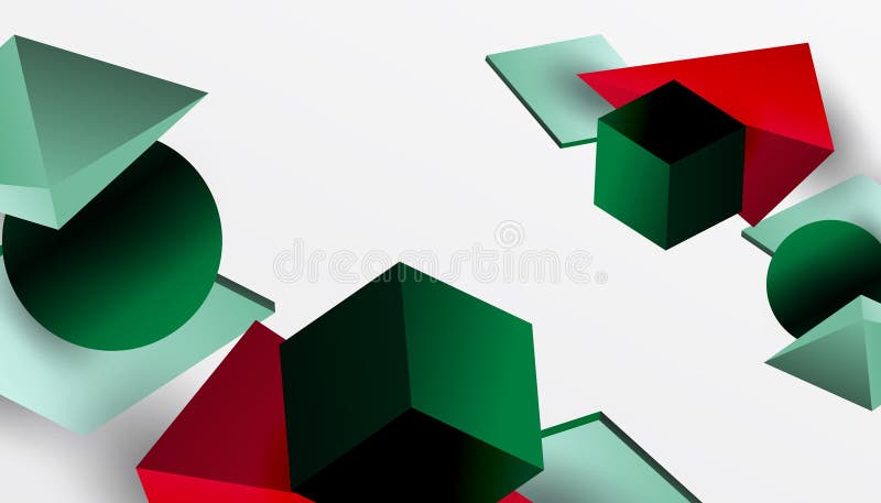 Abstrakt designvisning med isometriska kuber pyramider fyrkanter och sfärer i en pulserande 3d-layout. modern och dynamisk royaltyfri illustrationer