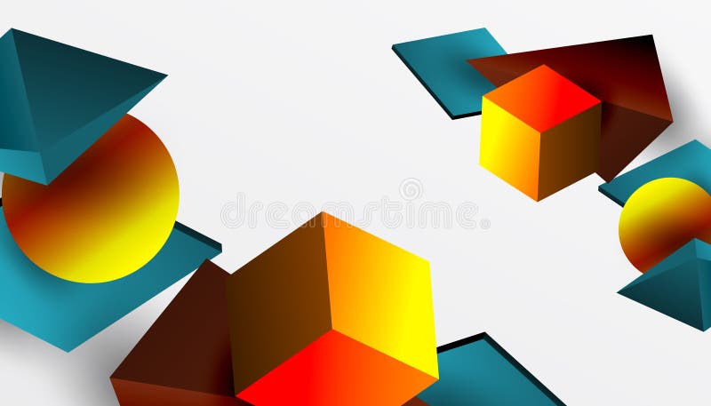 Abstrakt designvisning med isometriska kuber pyramider fyrkanter och sfärer i en pulserande 3d-layout. modern och dynamisk stock illustrationer