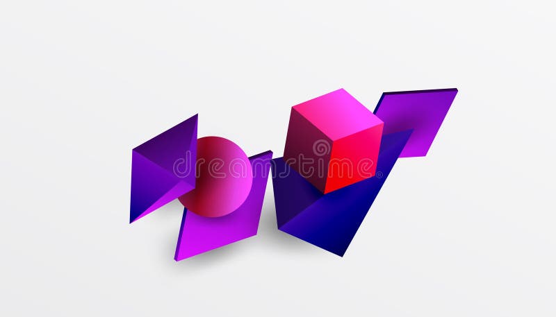Abstrakt designvisning med isometriska kuber pyramider fyrkanter och sfärer i en pulserande 3d-layout. modern och dynamisk stock illustrationer
