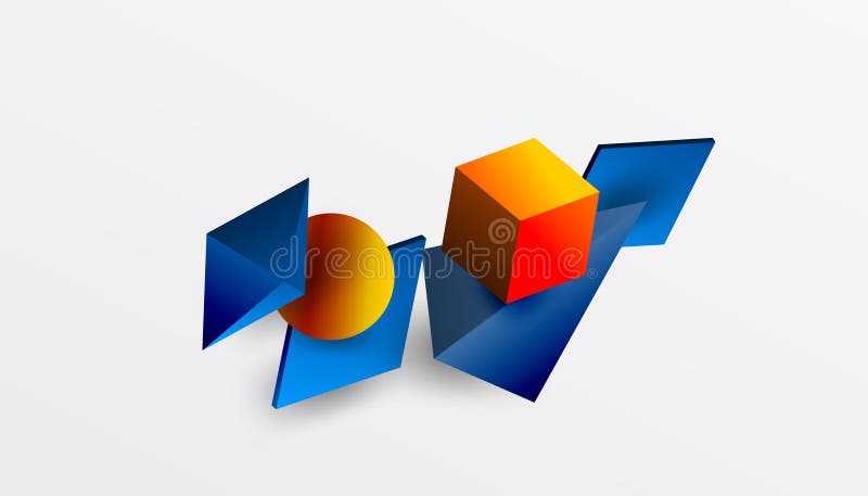 Abstrakt designvisning med isometriska kuber pyramider fyrkanter och sfärer i en pulserande 3d-layout. modern och dynamisk royaltyfri illustrationer