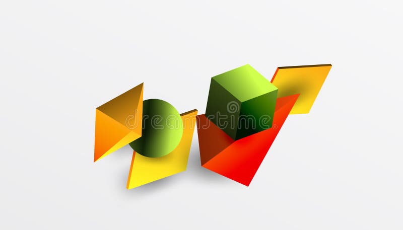 Abstrakt designvisning med isometriska kuber pyramider fyrkanter och sfärer i en pulserande 3d-layout. modern och dynamisk royaltyfri illustrationer