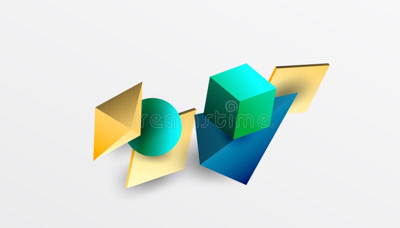 Abstrakt designvisning med isometriska kuber pyramider fyrkanter och sfärer i en pulserande 3d-layout. modern och dynamisk stock illustrationer