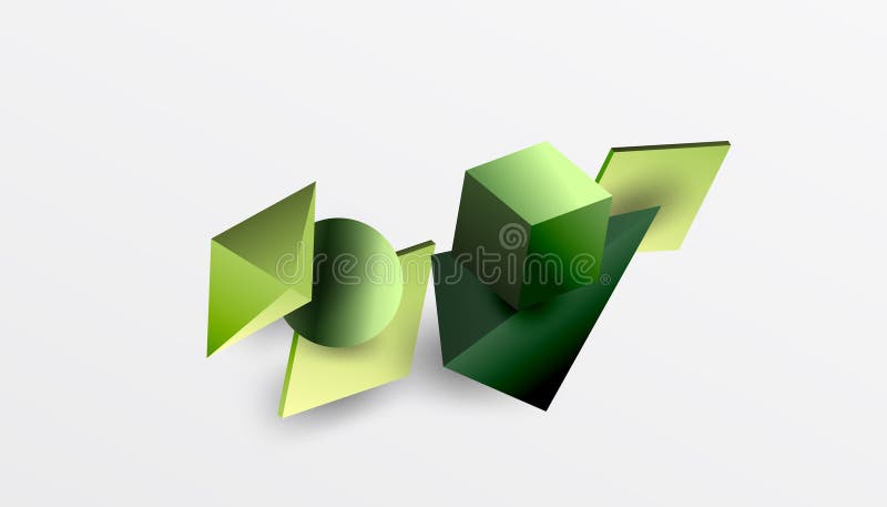 Abstrakt designvisning med isometriska kuber pyramider fyrkanter och sfärer i en pulserande 3d-layout. modern och dynamisk stock illustrationer