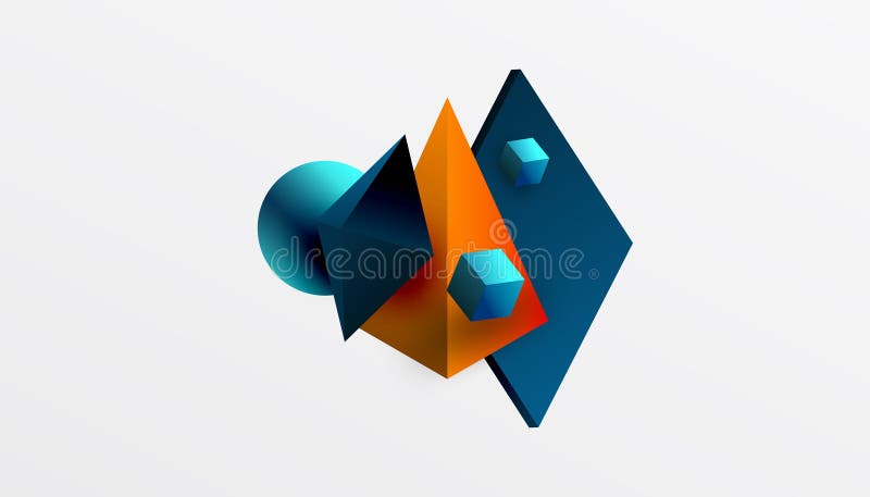 Abstrakt designvisning med isometriska kuber pyramider fyrkanter och sfärer i en pulserande 3d-layout. modern och dynamisk royaltyfri illustrationer