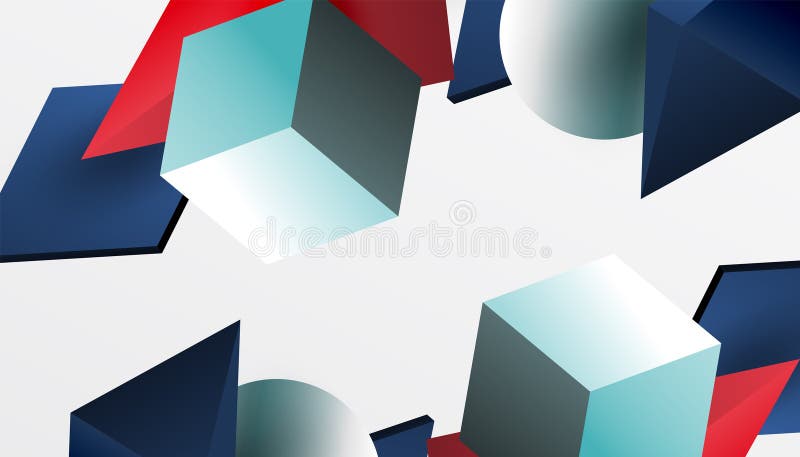 Abstrakt designvisning med isometriska kuber pyramider fyrkanter och sfärer i en pulserande 3d-layout. modern och dynamisk vektor illustrationer