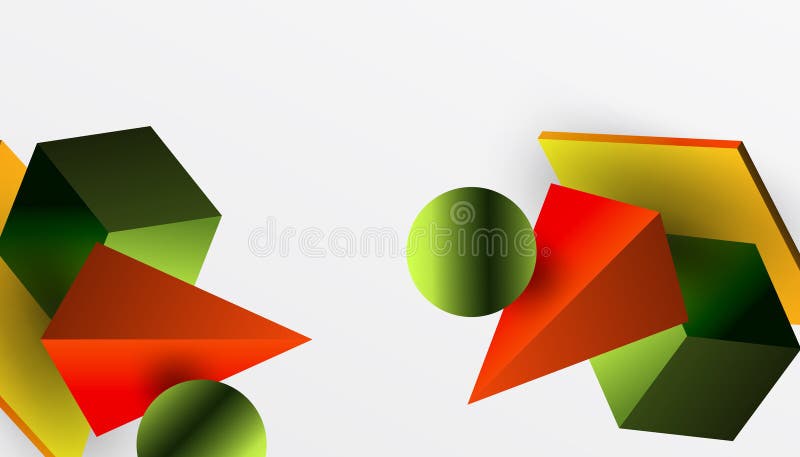 Abstrakt designvisning med isometriska kuber pyramider fyrkanter och sfärer i en pulserande 3d-layout. modern och dynamisk stock illustrationer