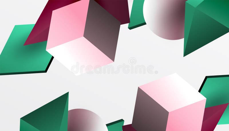 Abstrakt designvisning med isometriska kuber pyramider fyrkanter och sfärer i en pulserande 3d-layout. modern och dynamisk vektor illustrationer