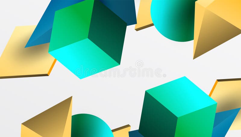 Abstrakt designvisning med isometriska kuber pyramider fyrkanter och sfärer i en pulserande 3d-layout. modern och dynamisk royaltyfri illustrationer