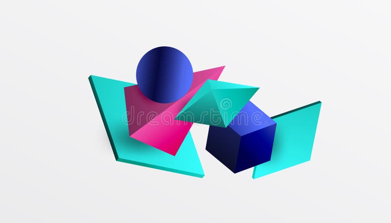 Abstrakt designvisning med isometriska kuber pyramider fyrkanter och sfärer i en pulserande 3d-layout. modern och dynamisk vektor illustrationer