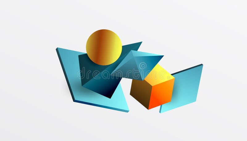 Abstrakt designvisning med isometriska kuber pyramider fyrkanter och sfärer i en pulserande 3d-layout. modern och dynamisk stock illustrationer