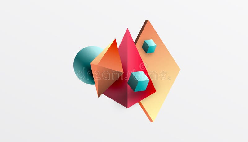 Abstrakt designvisning med isometriska kuber pyramider fyrkanter och sfärer i en pulserande 3d-layout. modern och dynamisk vektor illustrationer