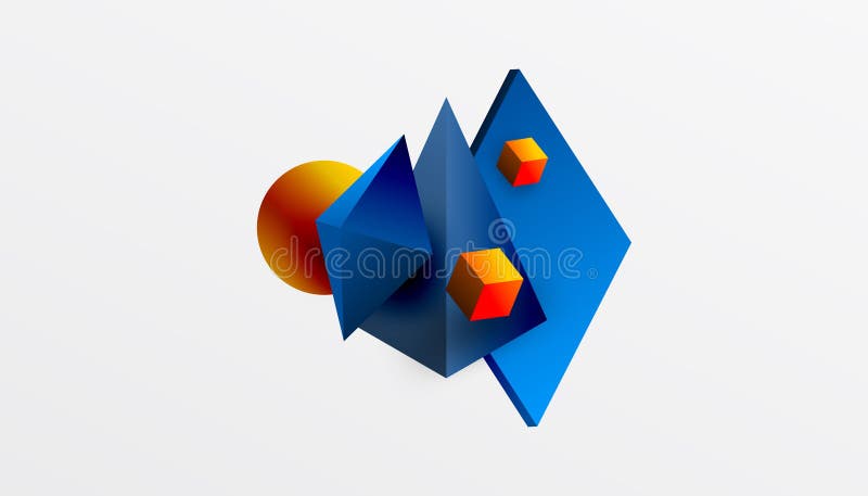 Abstrakt designvisning med isometriska kuber pyramider fyrkanter och sfärer i en pulserande 3d-layout. modern och dynamisk royaltyfri illustrationer