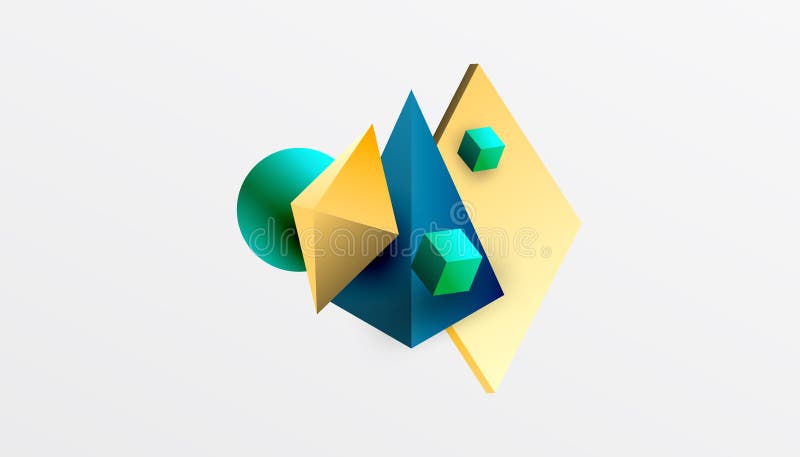 Abstrakt designvisning med isometriska kuber pyramider fyrkanter och sfärer i en pulserande 3d-layout. modern och dynamisk stock illustrationer