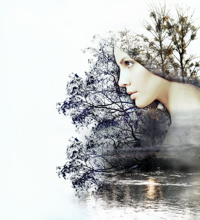 Abstract double exposure of woman and beauty of nature at the sunset on the river, abstract concept. Abstract double exposure of woman and beauty of nature at the sunset on the river, abstract concept