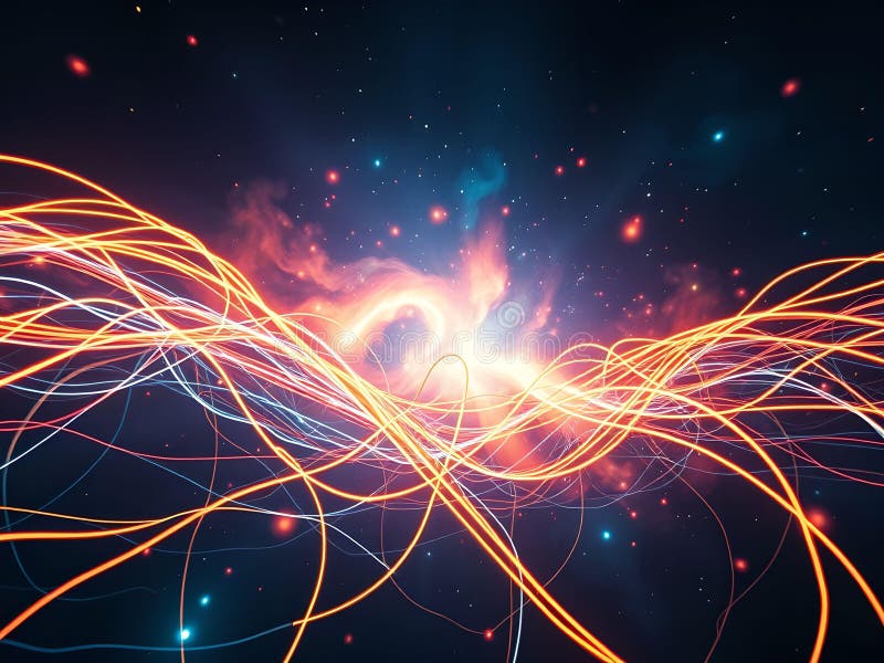 Abstrakt dubbel exponering : Koppla Neon-kablar med Cosmic Nebula i Hypnotic Fusion of Tech&Space UltraRealistic stock illustrationer