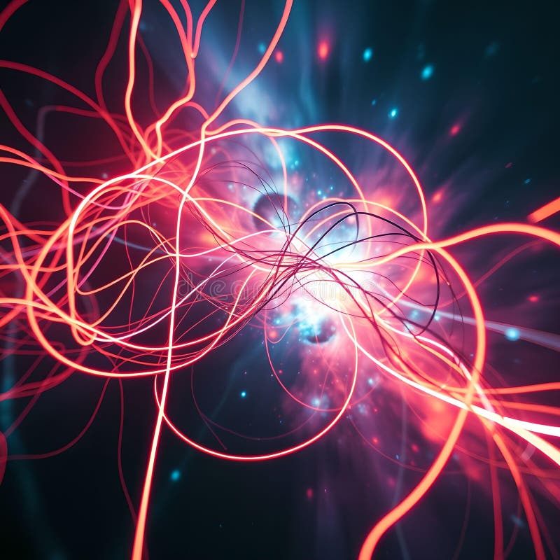 Abstrakt dubbel exponering : Neon-kablar slås ihop med Cosmic Nebula i UltraRealistic UHD Cinematic Fusion stock illustrationer