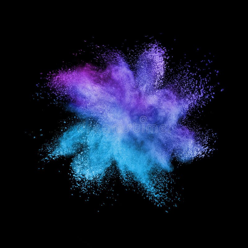 Decorative abstract powder burst or explosion in blue and violet colors on a black background with copy space. Decorative abstract powder burst or explosion in blue and violet colors on a black background with copy space.