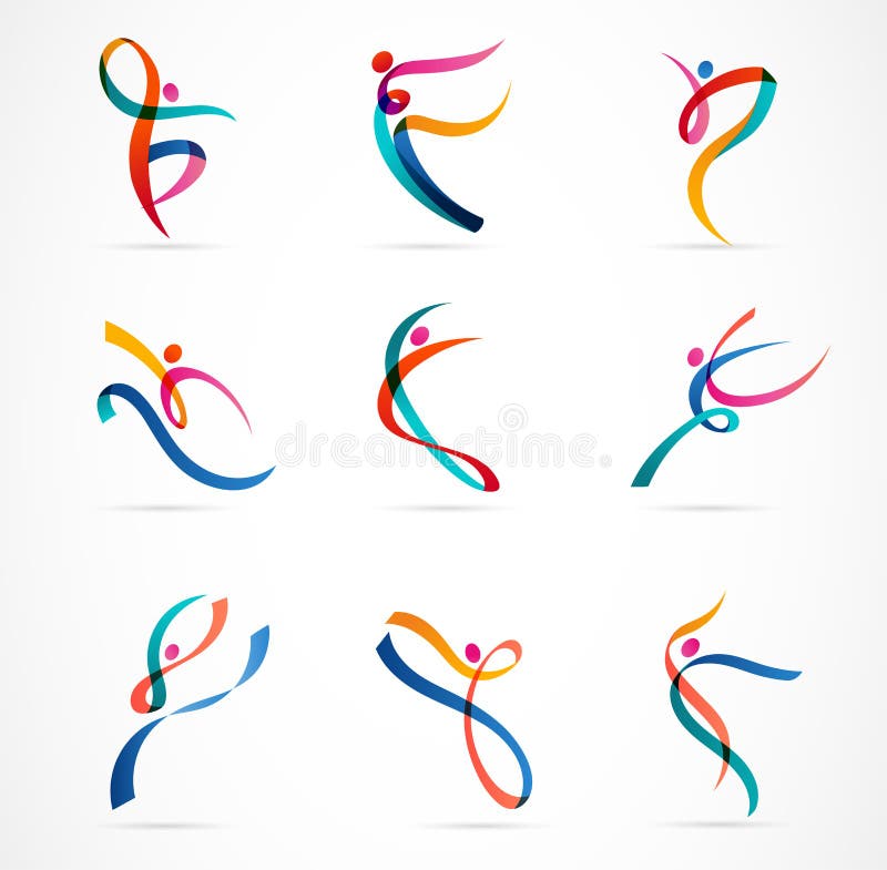 Abstrakt folk Logo Design Idrottshall kondition, färgrik logo för rinnande instruktörvektor Aktiv kondition, sport, dansrengöring